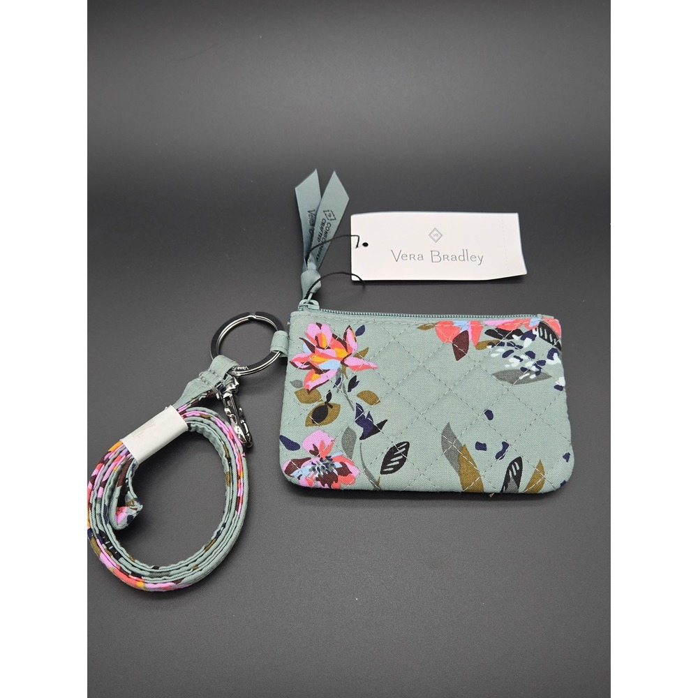 Vera Bradley RFID Deluxe ROSY OUTLOOK Zip ID Case w/ Lanyard Sage Green Floral